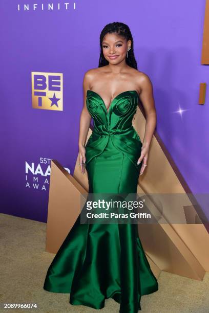 Halle Bailey attends the 55th NAACP Image Awards at Shrine Auditorium and Expo Hall on March 16, 2024 in Los Angeles, California.