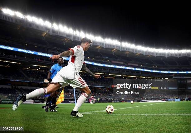 Federico Bernardeschi of Toronto FC kicks from the corner during the first half against the New York City FC at Yankee Stadium on March 16, 2024 in...