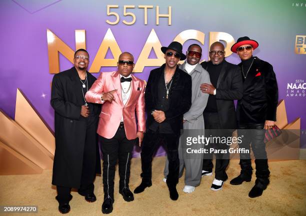 Ricky Bell, Michael Bivins, Ralph Tresvant, Johnny Gill, Bobby Brown and Ronnie DeVoe attend the 55th NAACP Image Awards at Shrine Auditorium and...