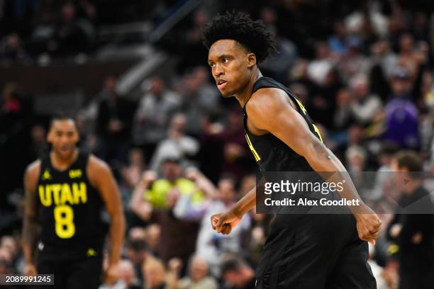 Collin Sexton of the Utah Jazz celebrates a dunk during the second half of a game against the Atlanta Hawks at Delta Center on March 15, 2024 in Salt...