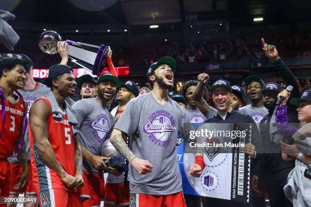 Jaelen House of the New Mexico Lobos yells while celebrating with his team after defeating the San Diego State Aztecs in the championship game of the...