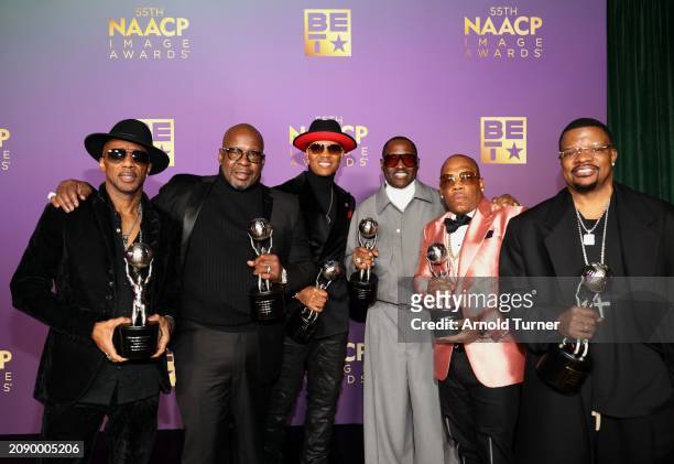Ralph Tresvant, Bobby Brown, Ronnie DeVoe, Johnny Gill, Michael Bivins, and Ricky Bell of New Edition, inducted into the NAACP Image Awards Hall of...