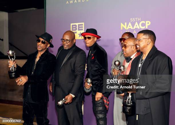 Ralph Tresvant, Bobby Brown, Ronnie DeVoe, Johnny Gill, Michael Bivins, and Ricky Bell of New Edition, inducted into the NAACP Image Awards Hall of...
