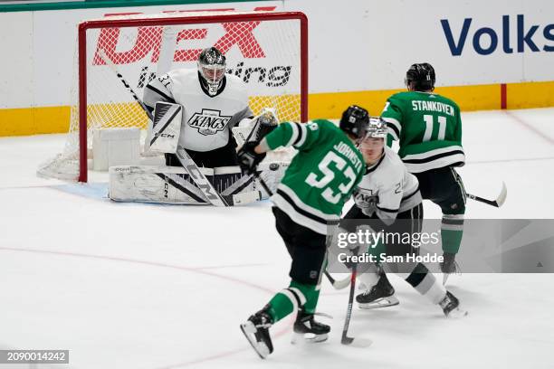 Wyatt Johnston of the Dallas Stars shoots and scores a goal against goaltender David Rittich of the Los Angeles Kings during the first period at...