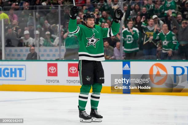 Thomas Harley of the Dallas Stars celebrates his first period goal against the Los Angeles Kings at American Airlines Center on March 16, 2024 in...