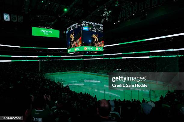 General view of the arena is shown as a statue honoring former Dallas Stars player Mike Modano is unveiled during the first intermission of the game...