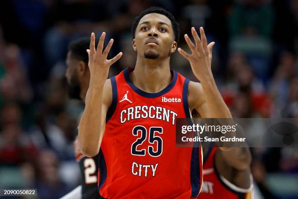 New Orleans Pelicans guard Trey Murphy III reacts after scoring a three point basket during the third quarter of an NBA game against the Portland...