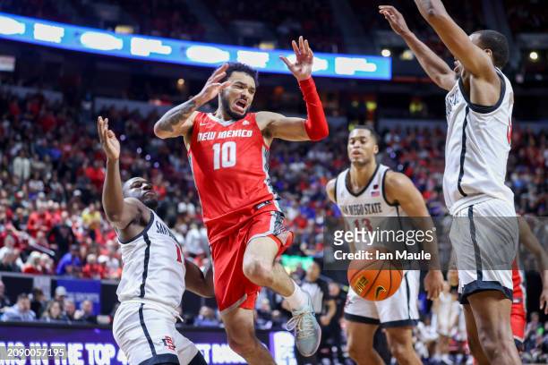 Jaelen House of the New Mexico Lobos reacts after getting fouled by Darrion Trammell of the San Diego State Aztecs during the second half of the...