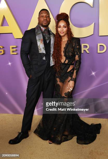 Jonathan Majors and Meagan Good attend the 55th Annual NAACP Awards at the Shrine Auditorium and Expo Hall on March 16, 2024 in Los Angeles,...