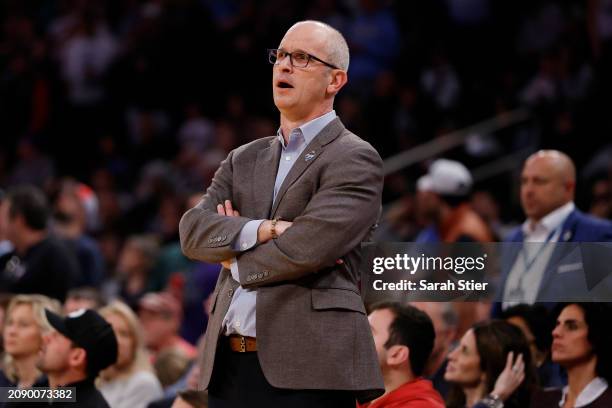 Head coach Dan Hurley of the Connecticut Huskies looks on in the first half against the Marquette Golden Eagles during the Big East Basketball...