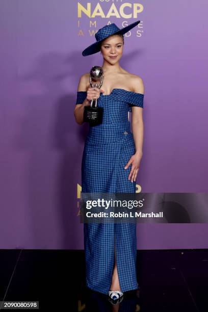India Amarteifio winner of the "Outstanding Actress in a Drama Series Award," poses in the press room during the 55th NAACP Image Awards at Shrine...