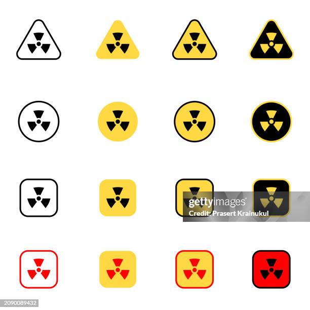 hazard warning sign. radiation area icon set. - segnale di pericolo di radiazioni foto e immagini stock