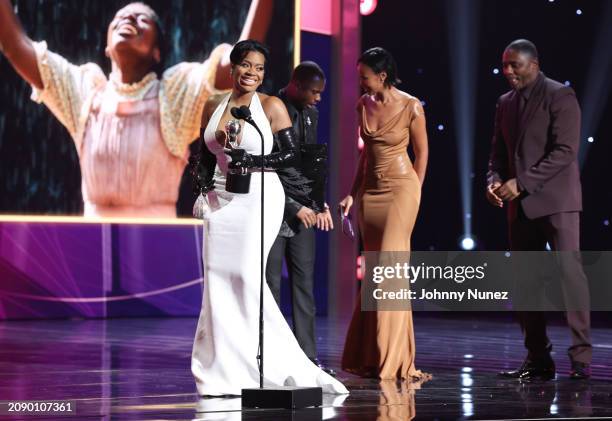 Fantasia Barrino accepts the Outstanding Actress in a Motion Picture award for "The Color Purple" onstage during the 55th NAACP Image Awards at...