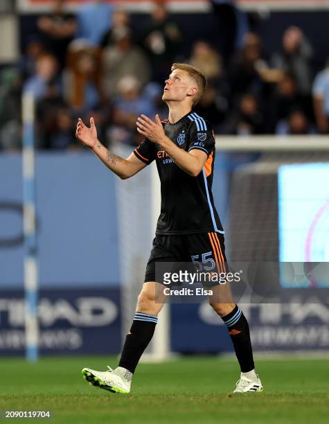 Keaton Parks of New York City FC reacts after he is given a red card during the second half against the Toronto FC at Yankee Stadium on March 16,...