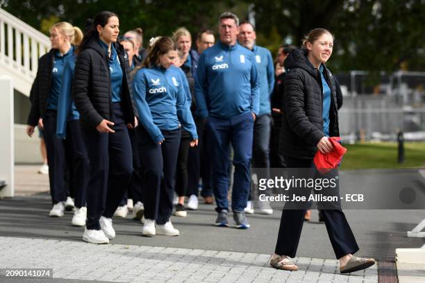 Heather Knight leads her team to the pōwhiri during the England women's T20 International squad training session at University of Otago Oval on March...