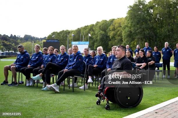 England are welcomed with a pōwhiri during the England women's T20 International squad training session at University of Otago Oval on March 17, 2024...