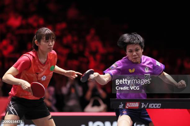 Cheng I-ching and Li Yu-Jhun of Chinese Taipei compete in the Women's Doubles Final match against Chen Meng and Wang Manyu of China on day six of the...