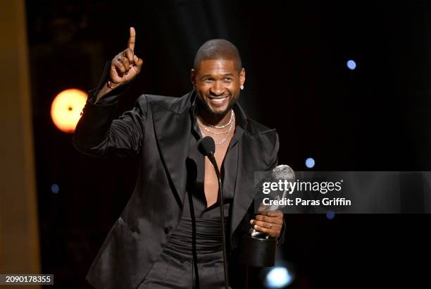 Usher accepts the Entertainer of the Year Award onstage during the 55th NAACP Image Awards at Shrine Auditorium and Expo Hall on March 16, 2024 in...