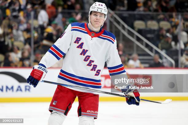 Kaapo Kakko of the New York Rangers during the game against the Pittsburgh Penguins at PPG PAINTS Arena on March 16, 2024 in Pittsburgh, Pennsylvania.