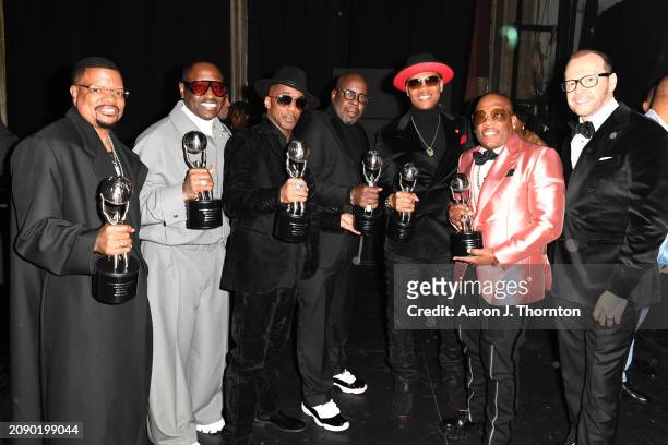 Ricky Bell, Johnny Gill, Ralph Tresvant, Bobby Brown, Ronnie DeVoe and Michael Bivins of New Edition attend the 55th NAACP Image Awards at Shrine...