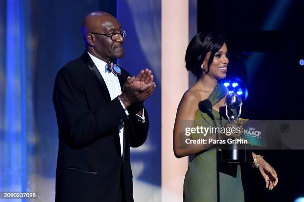 Delroy Lindo and Kerry Washington speak onstage during the 55th NAACP Image Awards at Shrine Auditorium and Expo Hall on March 16, 2024 in Los...