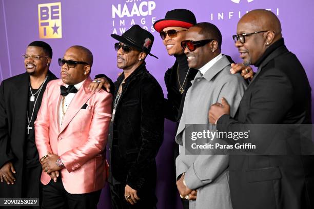 Ricky Bell, Michael Bivins, Ralph Tresvant, Ronnie DeVoe, Johnny Gill and Bobby Brown attend the 55th NAACP Image Awards at Shrine Auditorium and...