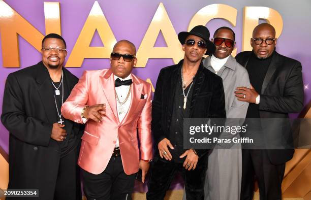 Ricky Bell, Michael Bivins, Ralph Tresvant, Ronnie DeVoe, Johnny Gill and Bobby Brown attend the 55th NAACP Image Awards at Shrine Auditorium and...