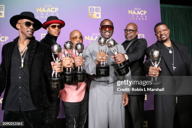 Ricky Bell, Michael Bivins, Ralph Tresvant, Ronnie DeVoe, Johnny Gill and Bobby Brown attend the 55th NAACP Image Awards at Shrine Auditorium and...