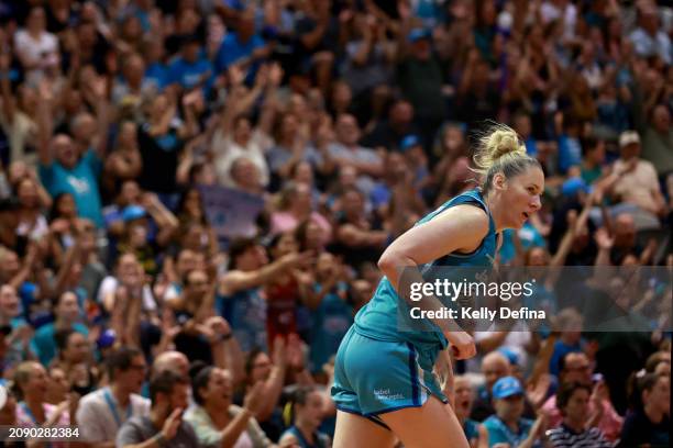 Lauren Jackson of the Flyers looks on as the crowd cheers for Flyers during the game three of the WNBL Grand Final series between Southside Flyers...