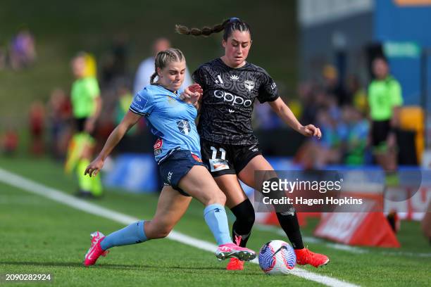 Hope Breslin of the Phoenix is tackled by Caley Tallon-Henniker of Sydney FC during the A-League Women round 20 match between Wellington Phoenix and...