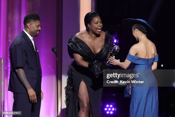Deon Cole and Leslie Jones present India Amarteifio the Outstanding Actress in a Drama Series award for "Queen Charlotte: A Bridgerton Story" onstage...