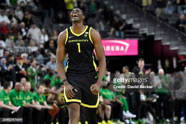 Faly Dante of the Oregon Ducks reacts as he anticipates victory over the Colorado Buffaloes in the second half of the championship game in the Pac-12...