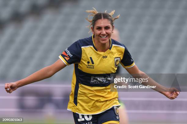 Rola Badawiya of the Mariners celebrates goal during the A-League Women round 20 match between Central Coast Mariners and Canberra United at...