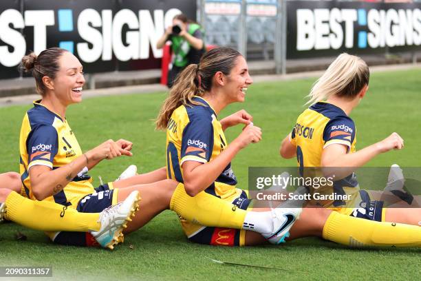 Rola Badawiya of the Mariners celebrate s goal with team during the A-League Women round 20 match between Central Coast Mariners and Canberra United...