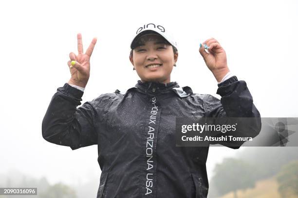 Ai Suzuki of Japan celebrates winning the tournament, 20th career win, following the final round of V POINT x ENEOS GOLF TOURNAMENT at Kagoshima...