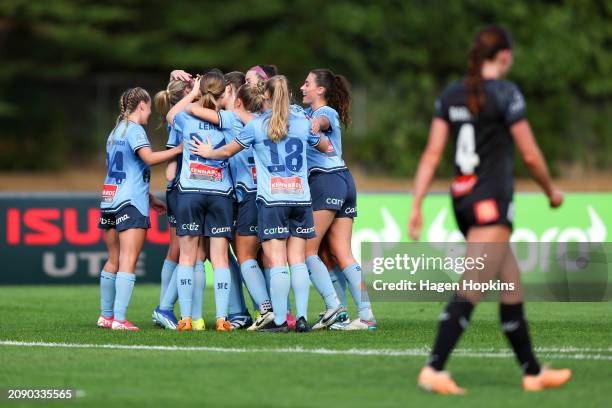 Sydney FC celebrate the goal of Cortnee Vine during the A-League Women round 20 match between Wellington Phoenix and Sydney FC at Porirua Park, on...