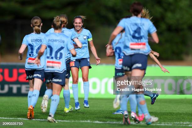 Mackenzie Hawkesby of Sydney FC celebrates the goal of Cortnee Vine during the A-League Women round 20 match between Wellington Phoenix and Sydney FC...