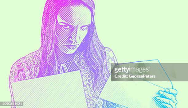 woman with frustrated facial expression holding overdue financial bills - expense fraud stock illustrations