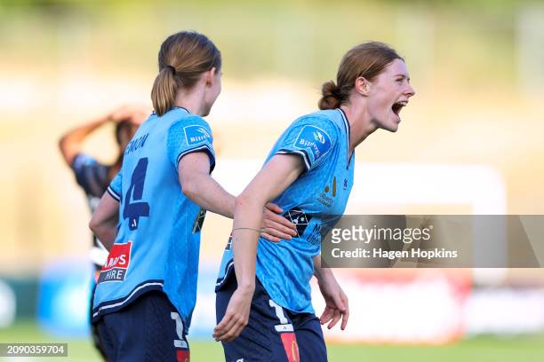 Cortnee Vine of Sydney FC celebrate the goal of Jordan Thompson during the A-League Women round 20 match between Wellington Phoenix and Sydney FC at...