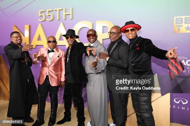 Ricky Bell, Michael Bivins, Ralph Tresvant, Johnny Gill, Bobby Brown and Ronnie DeVoe of New Edition attend the 55th NAACP Image Awards at Shrine...