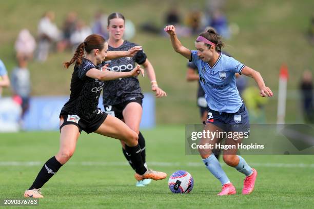 Shea Connors of Sydney FC is tackled by Mackenzie Barry of the Phoenix during the A-League Women round 20 match between Wellington Phoenix and Sydney...