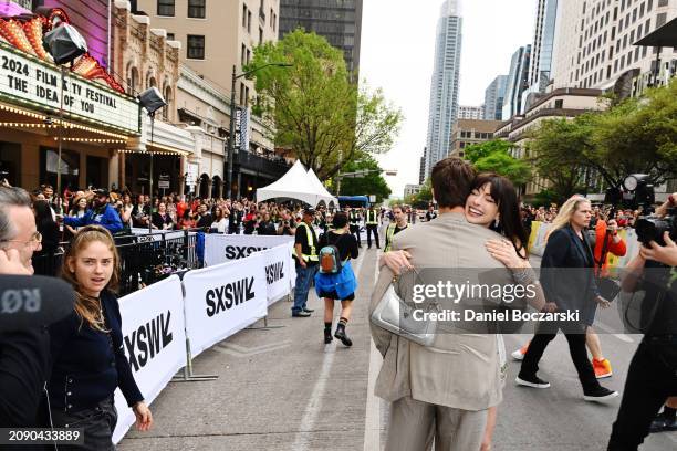 Anne Hathaway embraces co-star Nicholas Galitzine at "The Idea Of You" World Premiere during SXSW at The Paramount Theater on March 16, 2024 in...