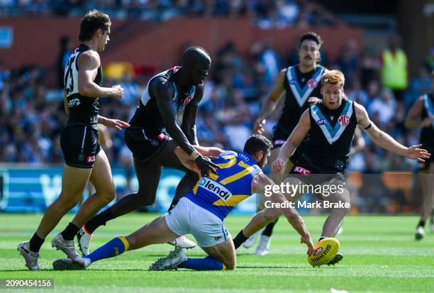 Jack Darling of the Eagles competes with Aliir Aliir of the Power during the round one AFL match between Port Adelaide Power and West Coast Eagles at...