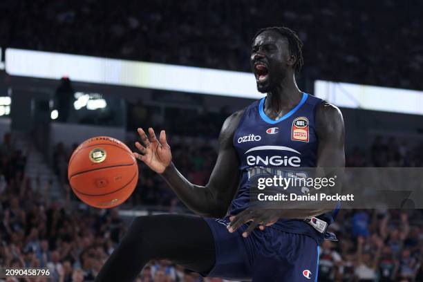 Jo Lual-Acuil Jr of United dunks during game one of the NBL Championship Grand Final Series between Melbourne United and Tasmania Jackjumpers at John...