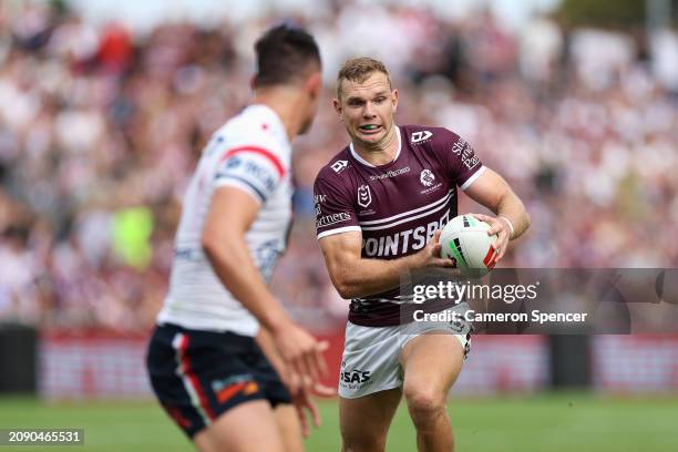 Tom Trbojevic of the Sea Eagles runs the ball during the round two NRL match between Manly Sea Eagles and Sydney Roosters at 4 Pines Park, on March...