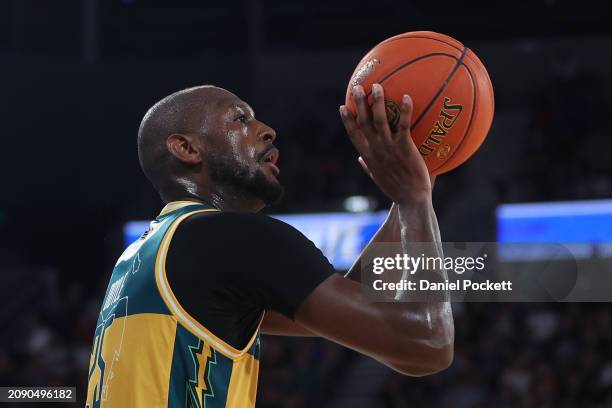 Milton Doyle of the Jackjumpers shoots from the arc during game one of the NBL Championship Grand Final Series between Melbourne United and Tasmania...