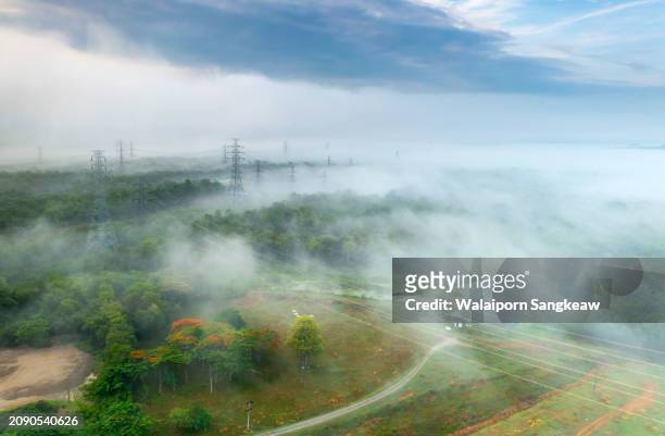 field of high voltage transmission poles in the morning, it was foggy. - global climate change stock pictures, royalty-free photos & images