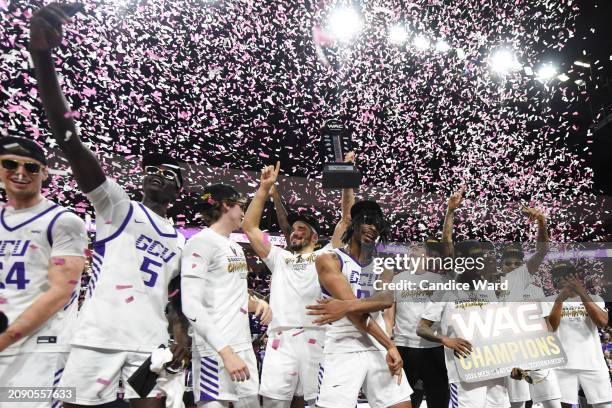 The Grand Canyon Antelopes celebrate defeating the Texas-Arlington Mavericks 89-74 in the championship game of the Western Athletic Conference...