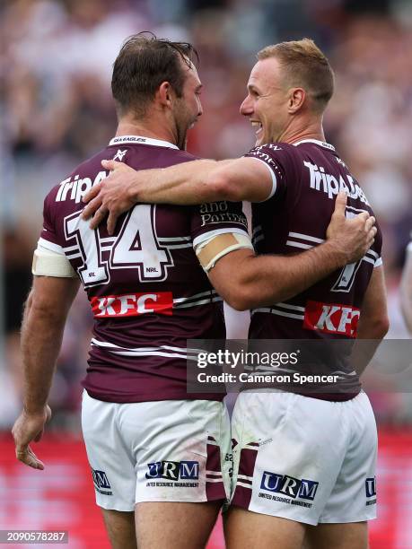 Karl Lawton of the Sea Eagles and Daly Cherry-Evans of the Sea Eagles celebrate winning the round two NRL match between Manly Sea Eagles and Sydney...