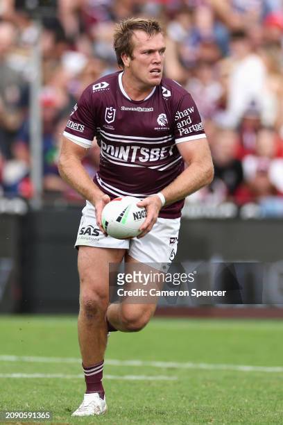 Jake Trbojevic of the Sea Eagles runs the ball during the round two NRL match between Manly Sea Eagles and Sydney Roosters at 4 Pines Park, on March...